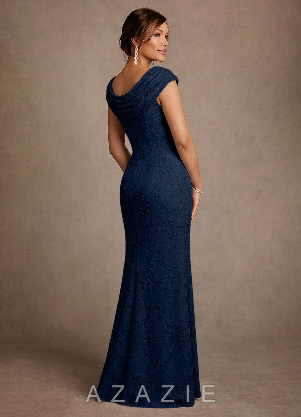 Azazie Irvine Dark Navy A-Line Pleated Floral Burnout Dress dark_navy