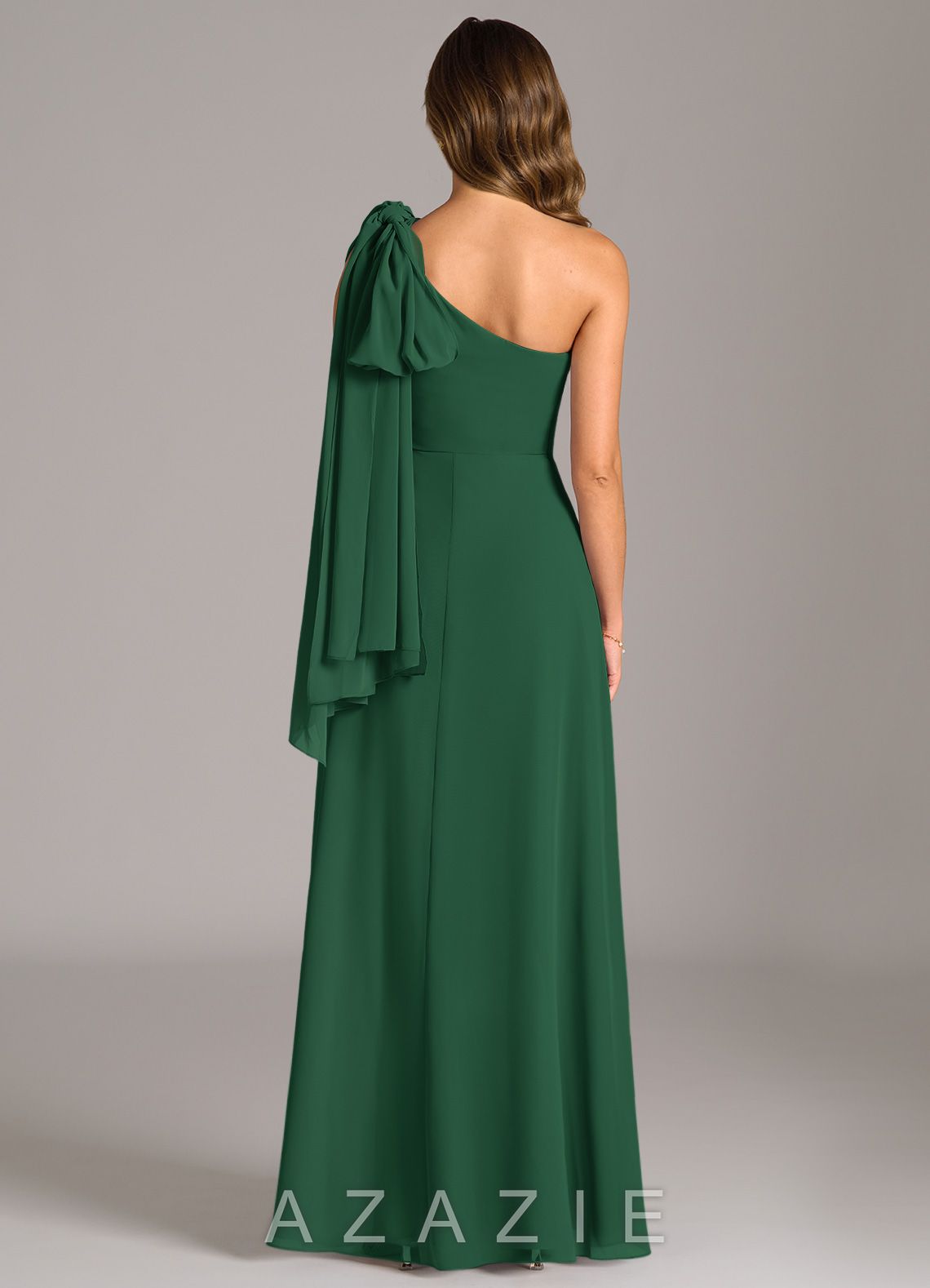Azazie Tella Dark Green A-Line One Shoulder Chiffon Dress dark_green