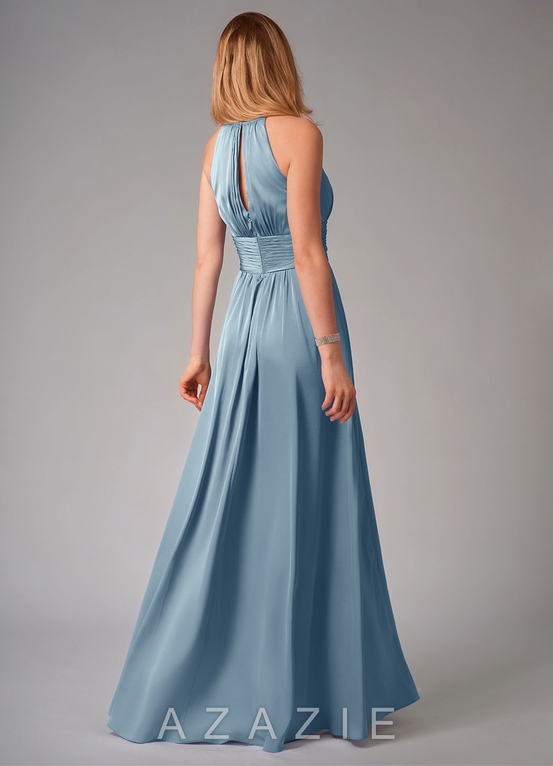 Azazie Bonnie Dusty Blue A-Line Pleated Stretch Satin Dress dusty_blue