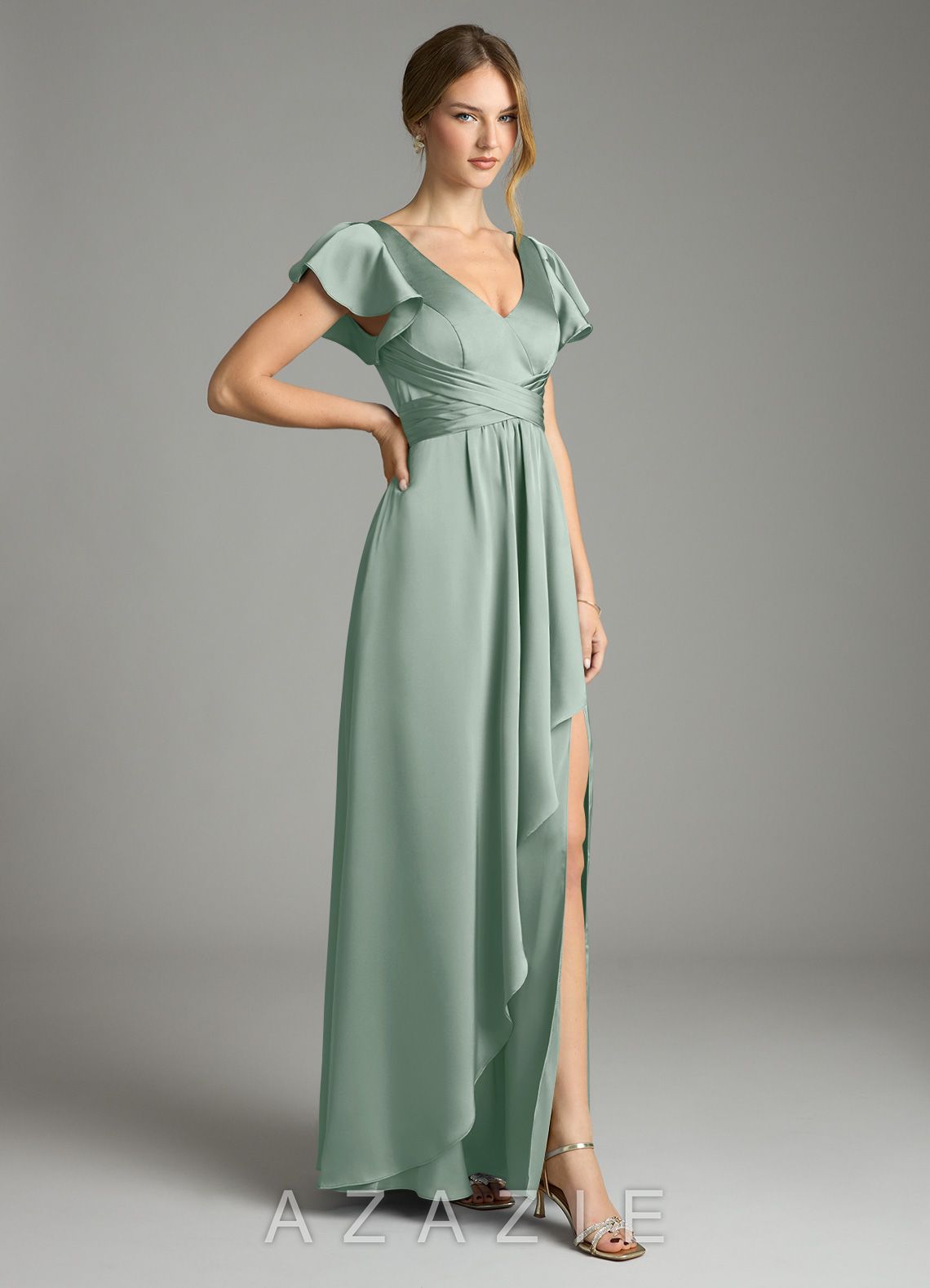 Azazie Omari Agave A-Line Stretch Satin Dress agave