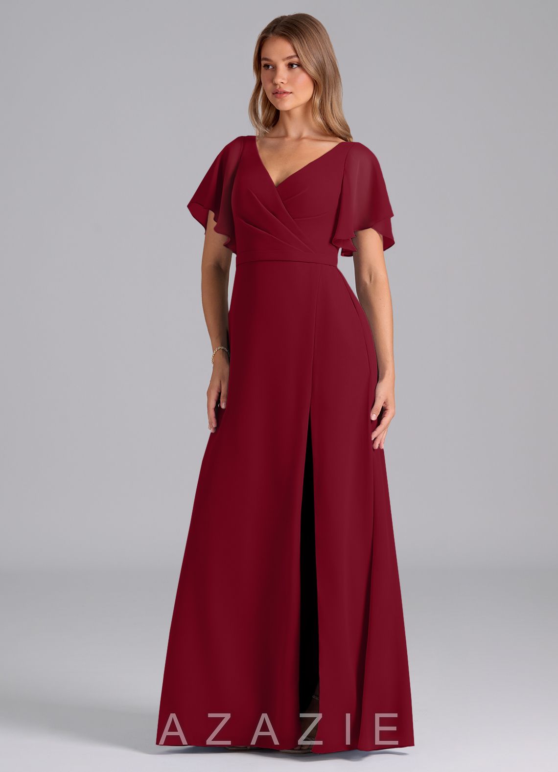Azazie Ambrosia Burgundy A-Line Pleated Chiffon Dress