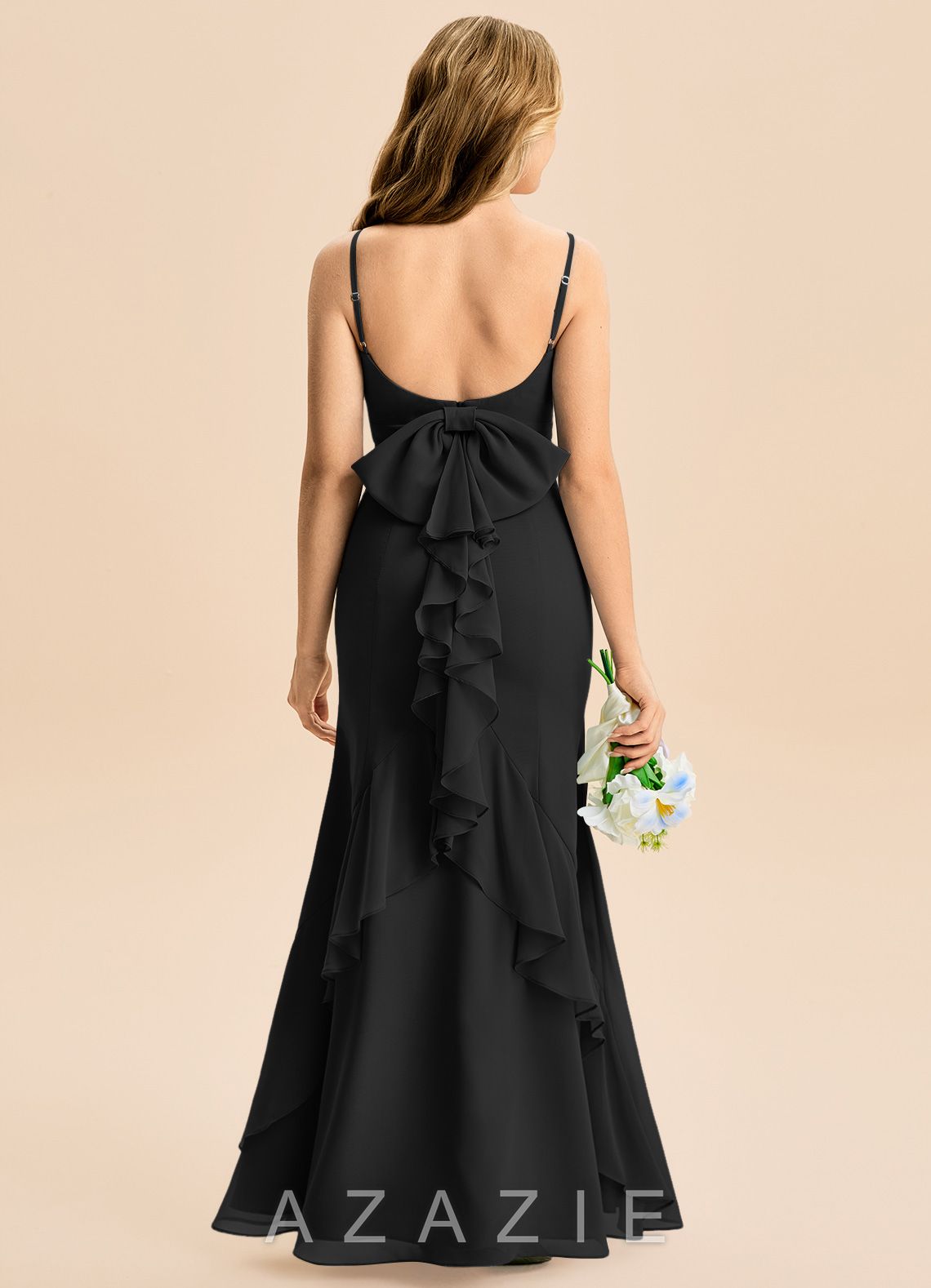 Azazie Lioren Junior Black Mermaid Bow Chiffon Dress black