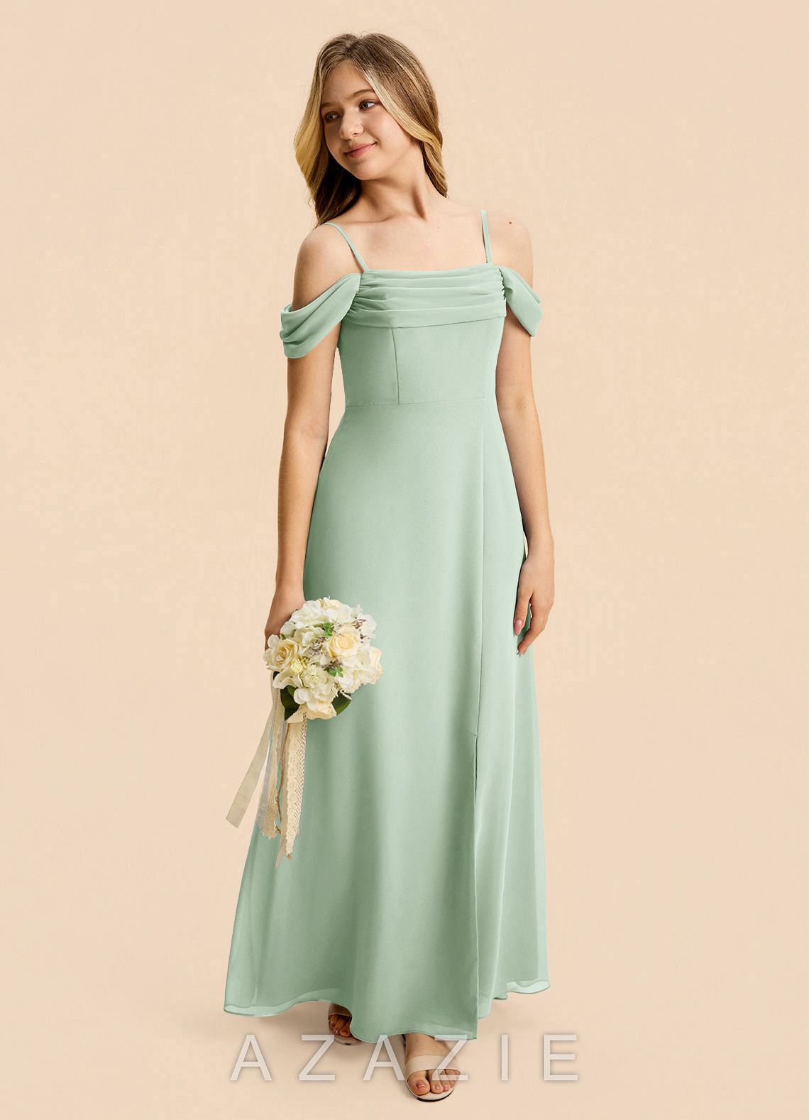 Azazie Lilly Junior Agave A-Line Pleated Chiffon Dress agave