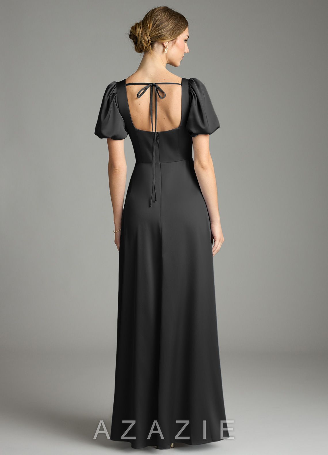 Azazie Fyona Black A-Line Pleated Stretch Satin Dress black