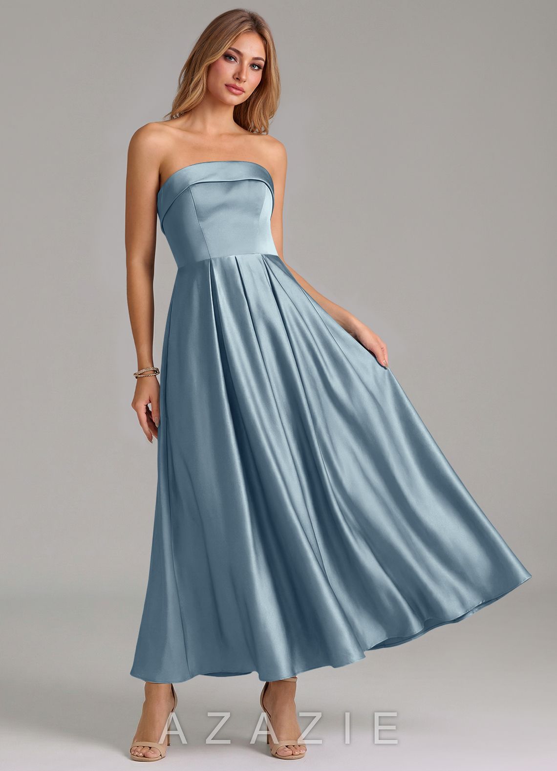 Azazie Lucienne Dusty Blue A-Line Pleated Stretch Satin Dress dusty_blue