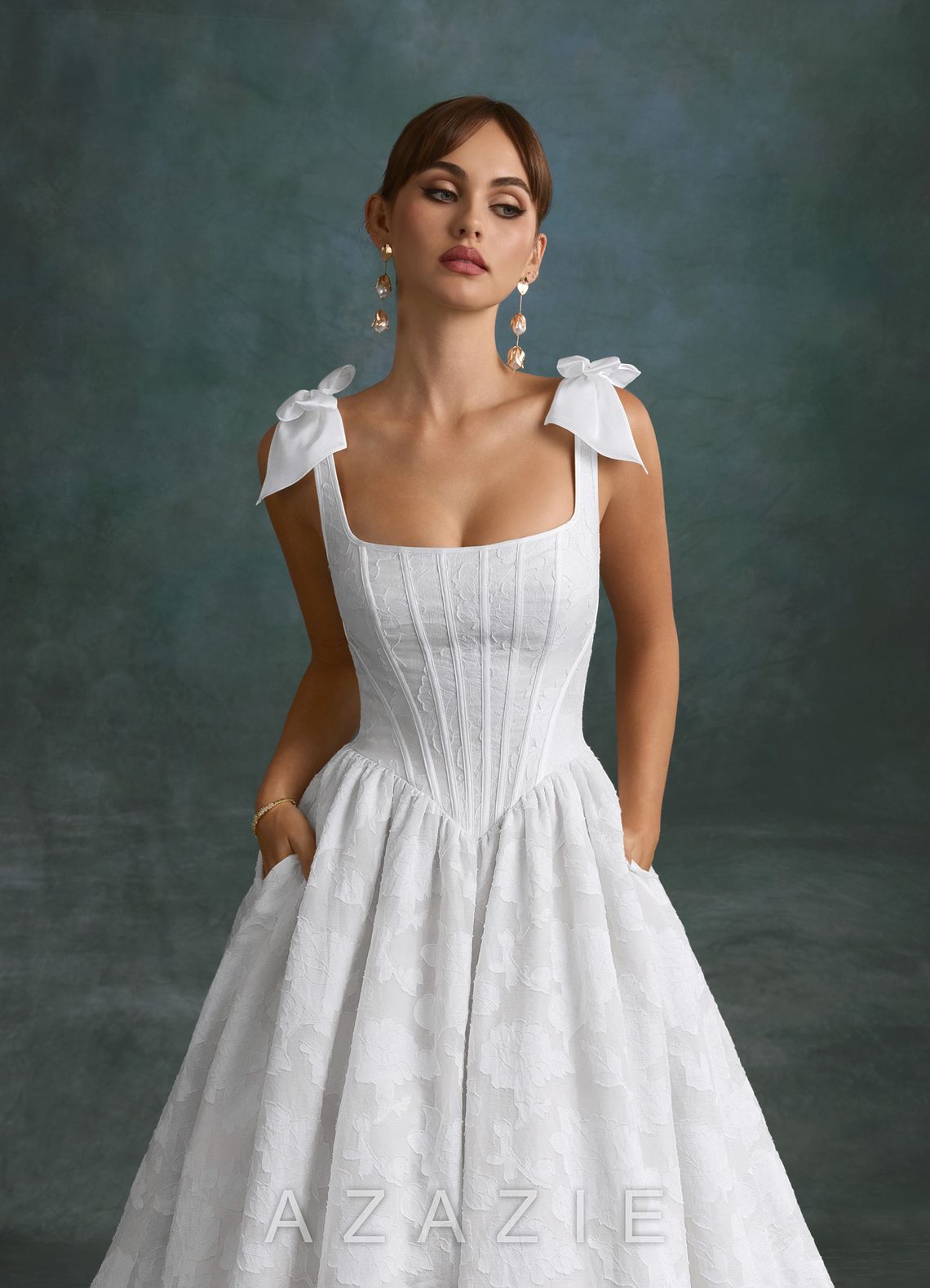 Azazie Rosalinda Diamond White Ball-Gown with Pockets Floral Burnout Dress diamond_white
