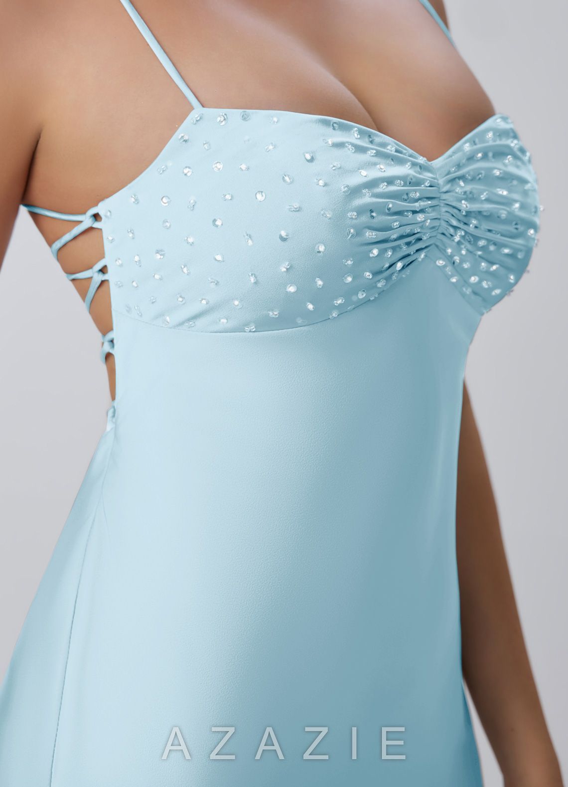 Joviannelle Sky Blue Beading Sequin Embroidery Satin Open Back Mini Dress