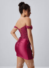Persephonea Burgundy Corset Lace Rhinestones Stretch Satin Mini Dress