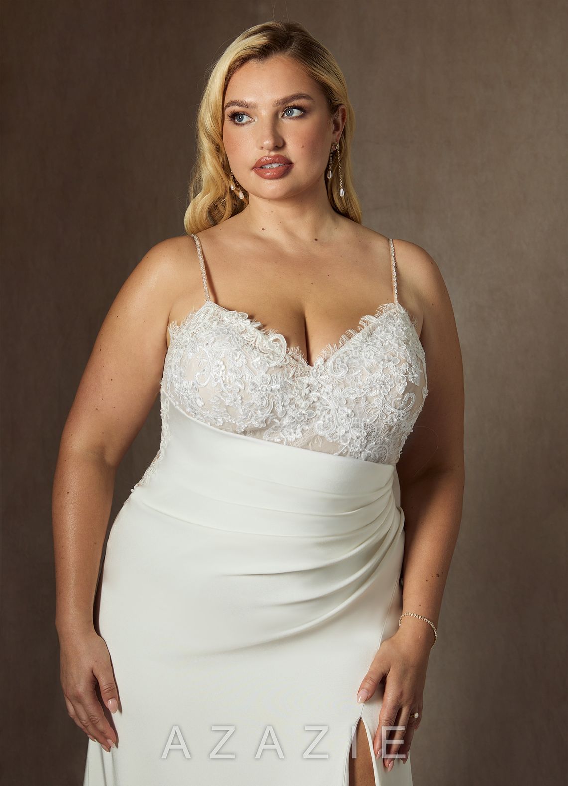 Azazie Nyx Wedding Dress Diamond White Mermaid V-Neck Sequins Stretch Satin Dress diamond_white