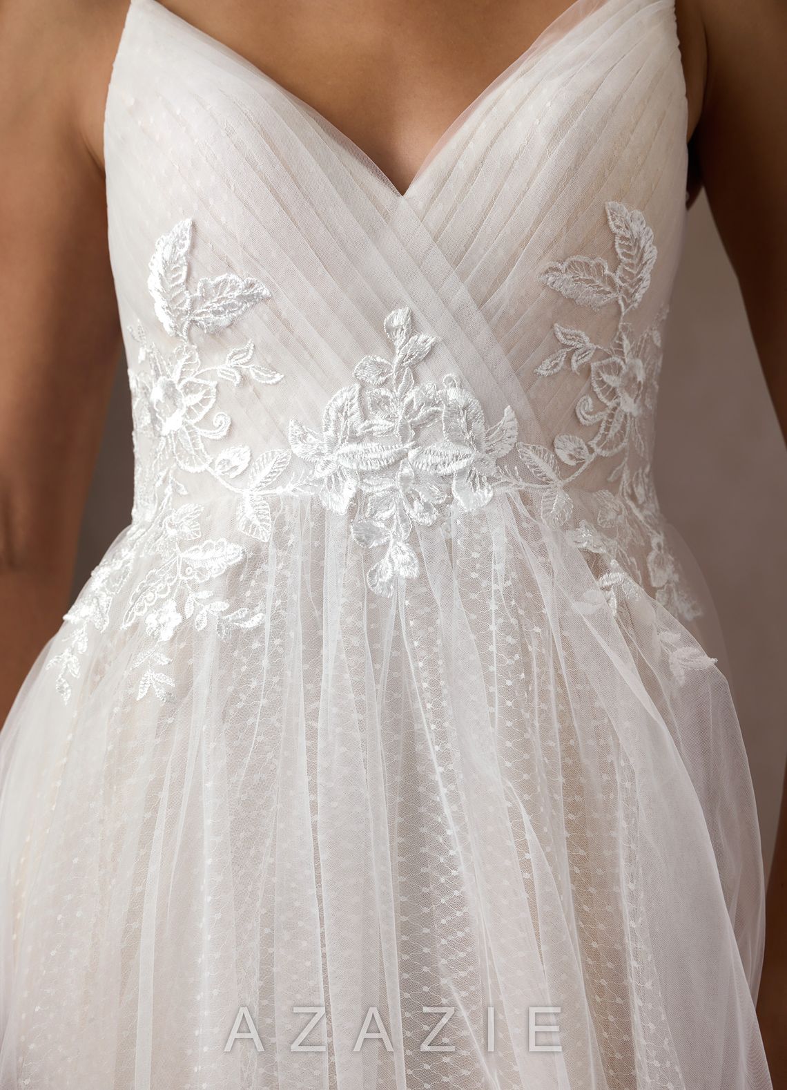 Azazie Liana Wedding Dress Diamond White A-Line V-Neck Sequins Tulle Dress diamond_white