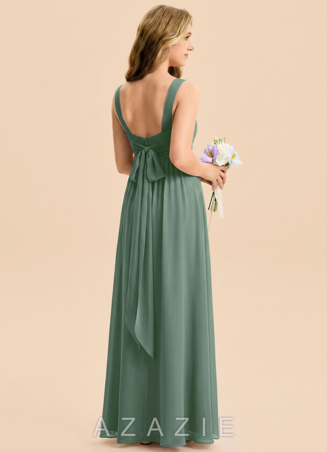 Azazie Kora Junior Eucalyptus A-Line Pleated Chiffon Dress eucalyptus