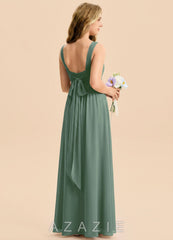 Azazie Kora Junior Eucalyptus A-Line Pleated Chiffon Dress eucalyptus