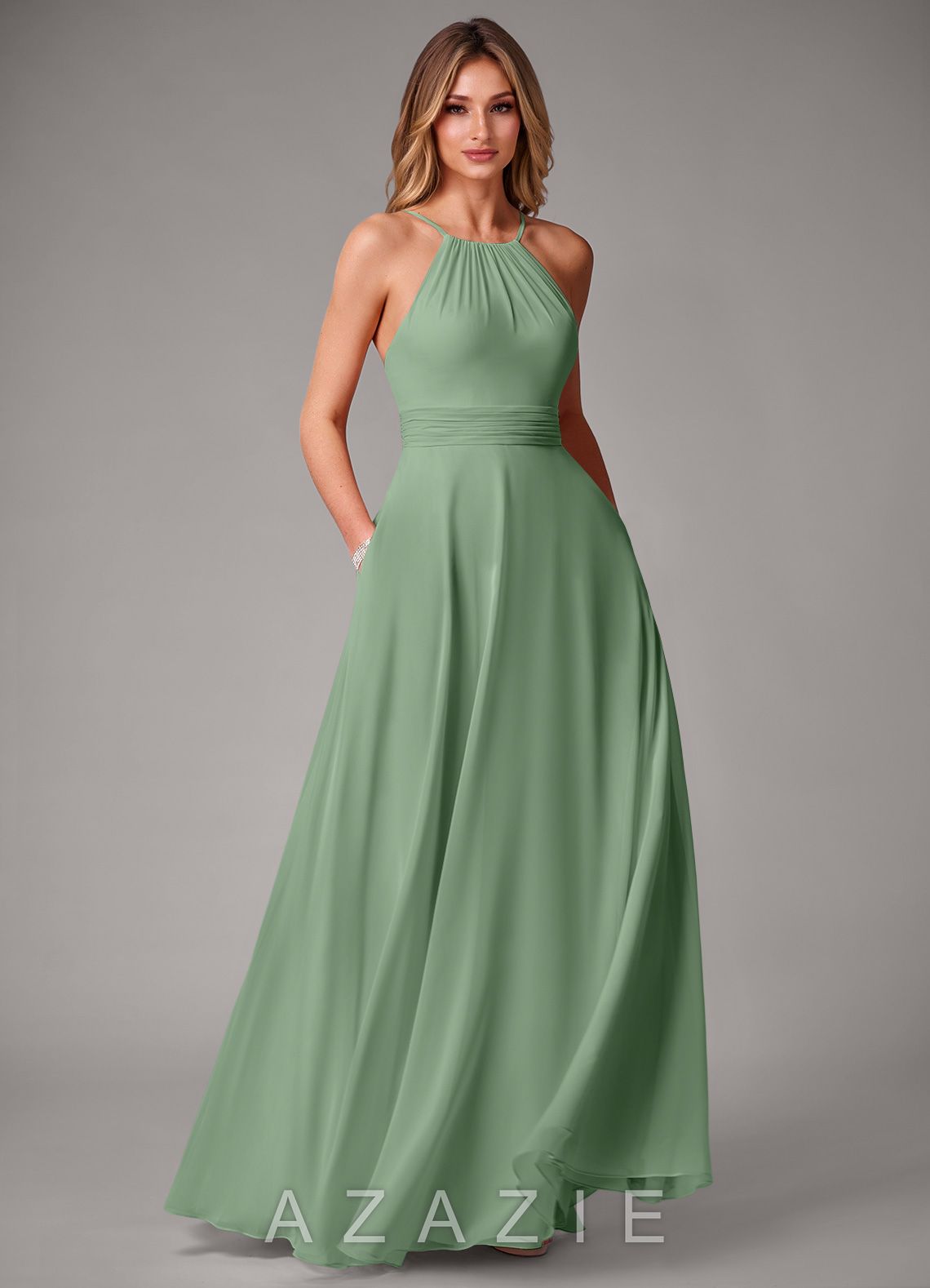 Azazie Amalia Matcha A-Line Pleated Chiffon Dress