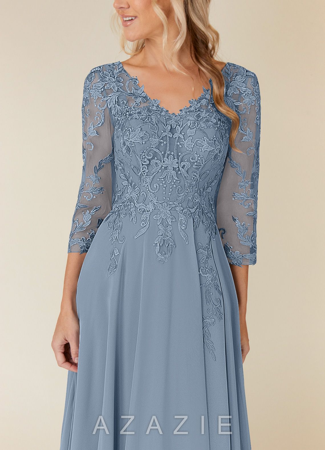 Azazie Noella Dusty Blue A-Line V-Neck Lace Chiffon Dress dusty_blue