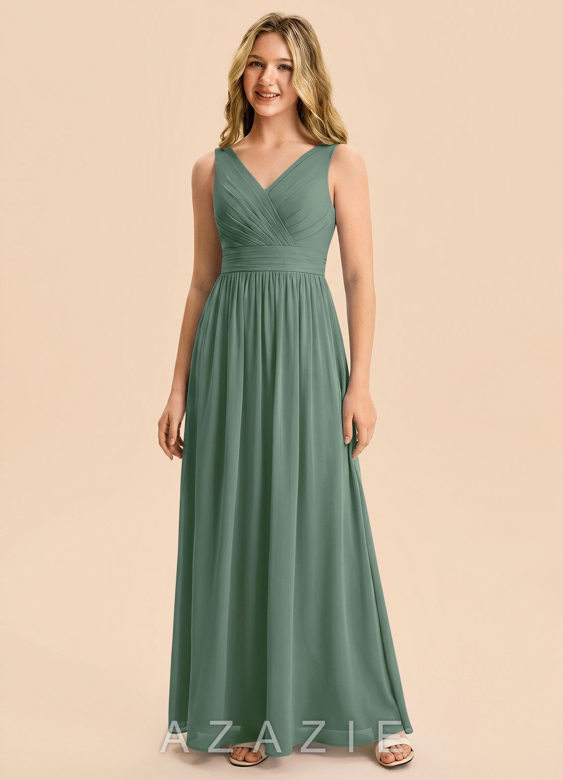 Azazie Kora Junior Eucalyptus A-Line Pleated Chiffon Dress eucalyptus