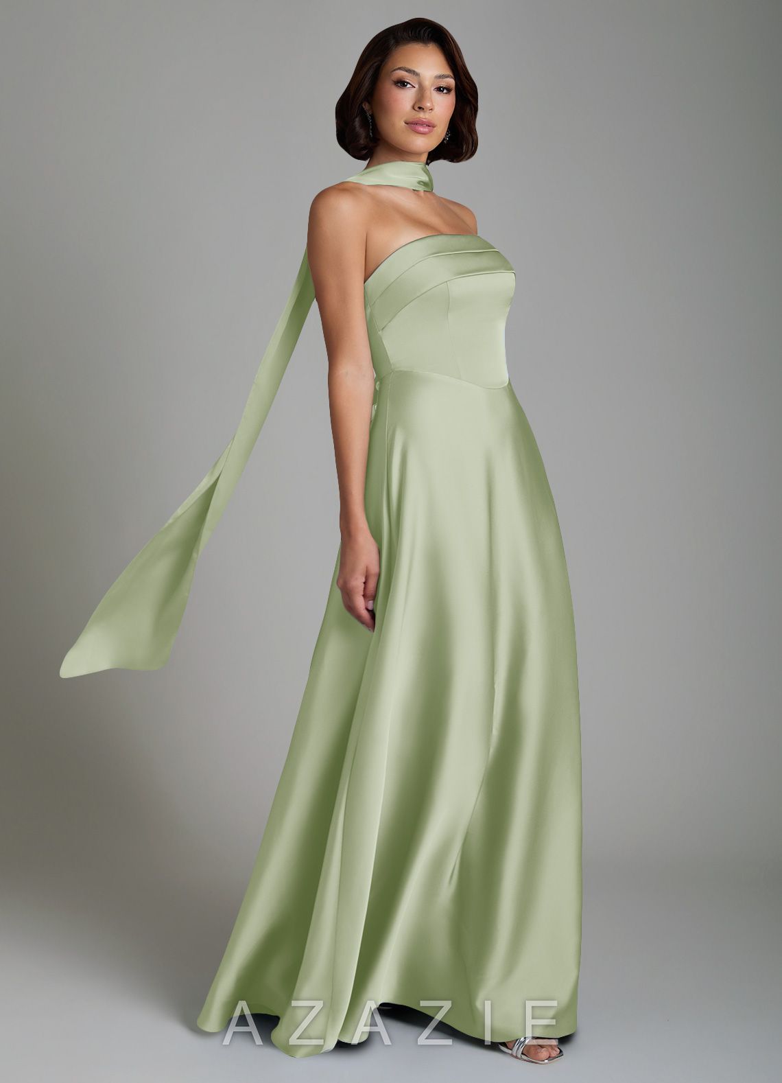 Azazie Odele Dusty Sage A-Line Strapless Stretch Satin Dress dusty_sage