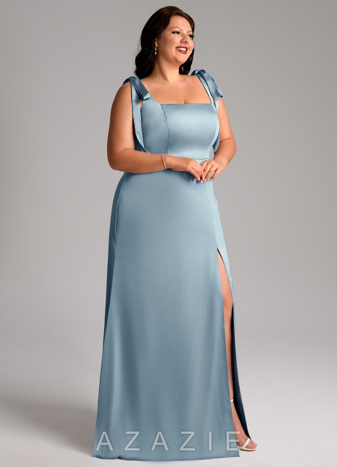 Azazie Frostine Dusty Blue A-Line Bow Stretch Satin Dress dusty_blue