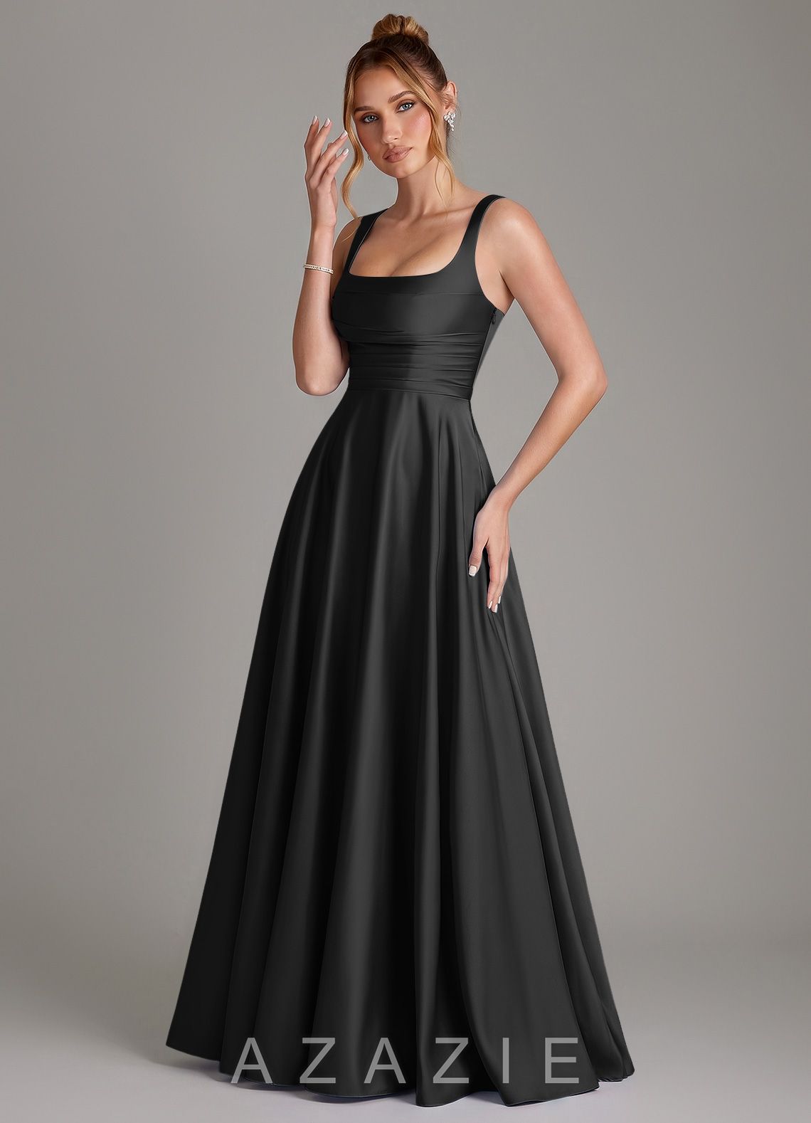Azazie Azaria Black A-Line Corset Stretch Satin Dress