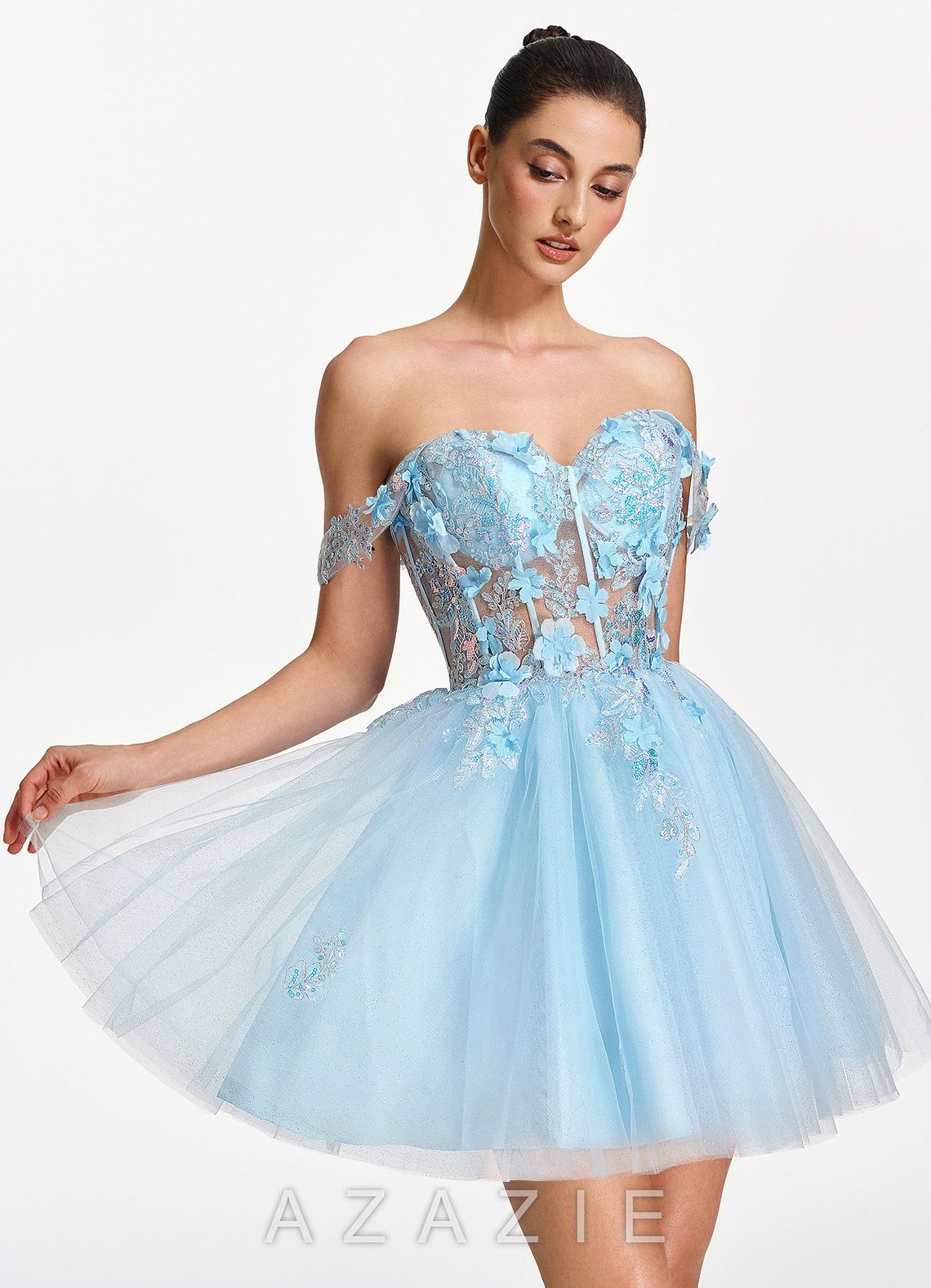 Eudaimonia Light Blue 3D Flower Sequin Embroidery Corset Off-the-Shoulder Tulle 