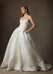 Azazie Genevieve Antique White Ball-Gown Strapless Floral Jacquard Dress