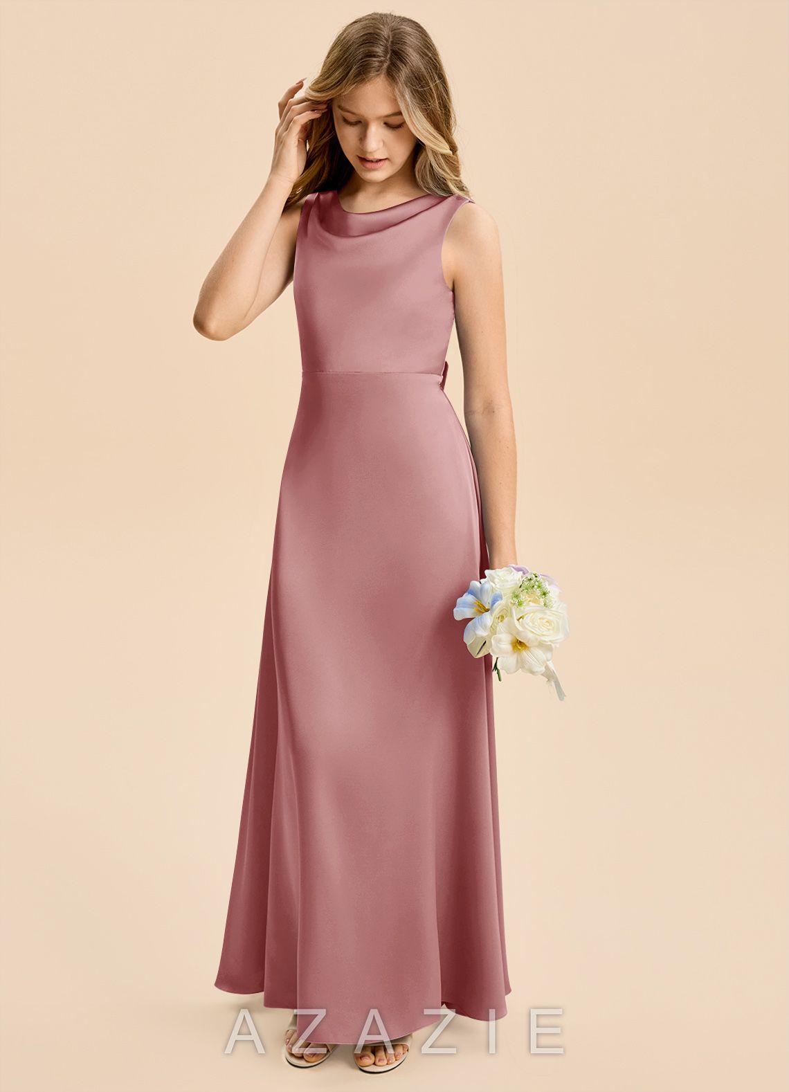 Azazie Kiki Junior Dusty Rose A-Line Bow Stretch Satin Dress dusty_rose