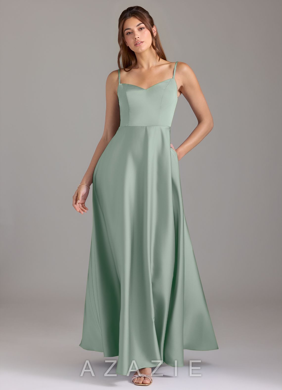 Azazie Marley Agave A-Line Off the Shoulder Stretch Satin Convertible Dress