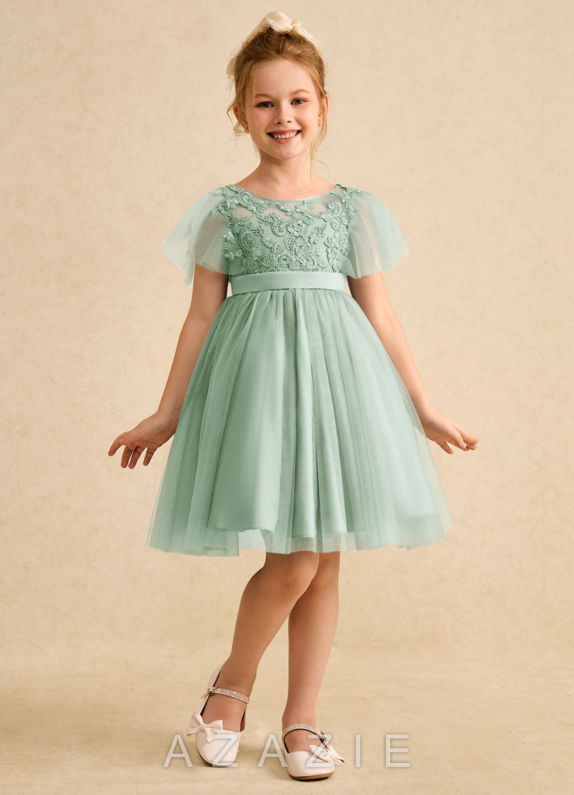 Azazie Queenie Agave A-Line Lace Dress agave