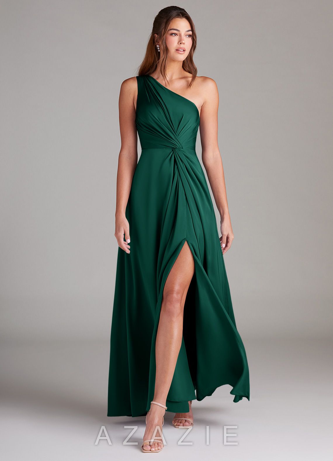Azazie Brooke Emerald A-Line One Shoulder Stretch Satin Dress emerald