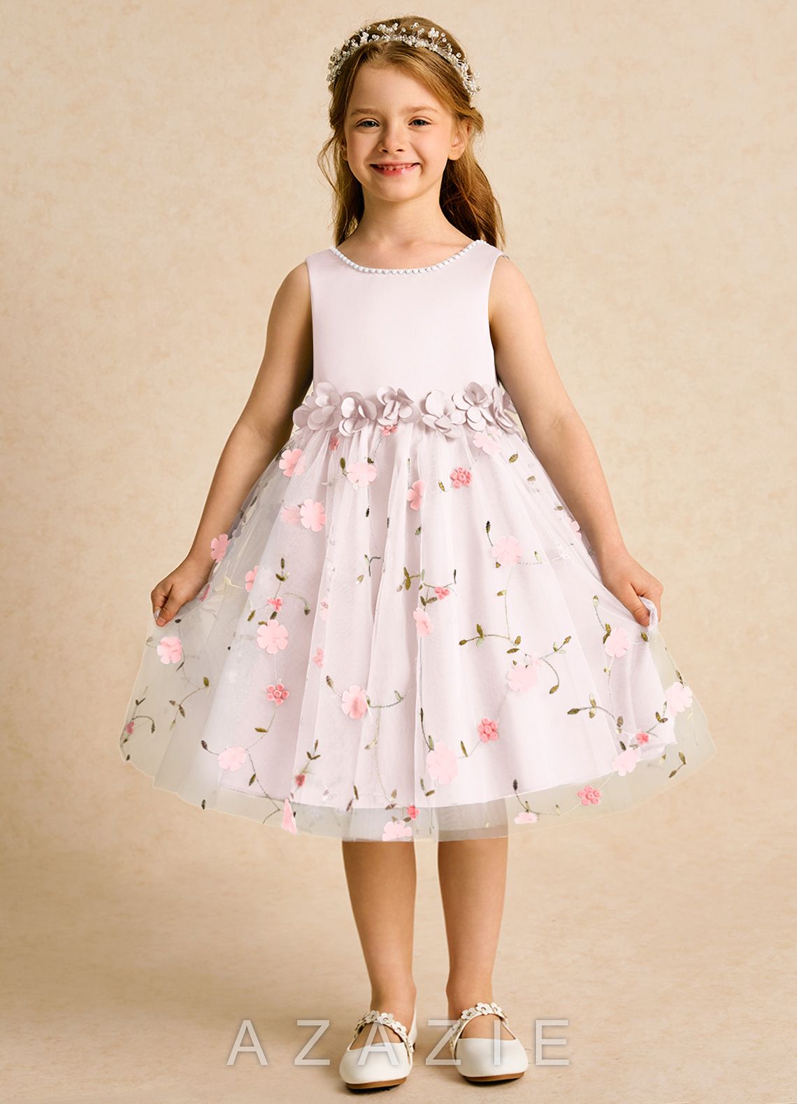 Azazie Starri Blushing Pink Ball-Gown Beaded Matte Satin Dress
