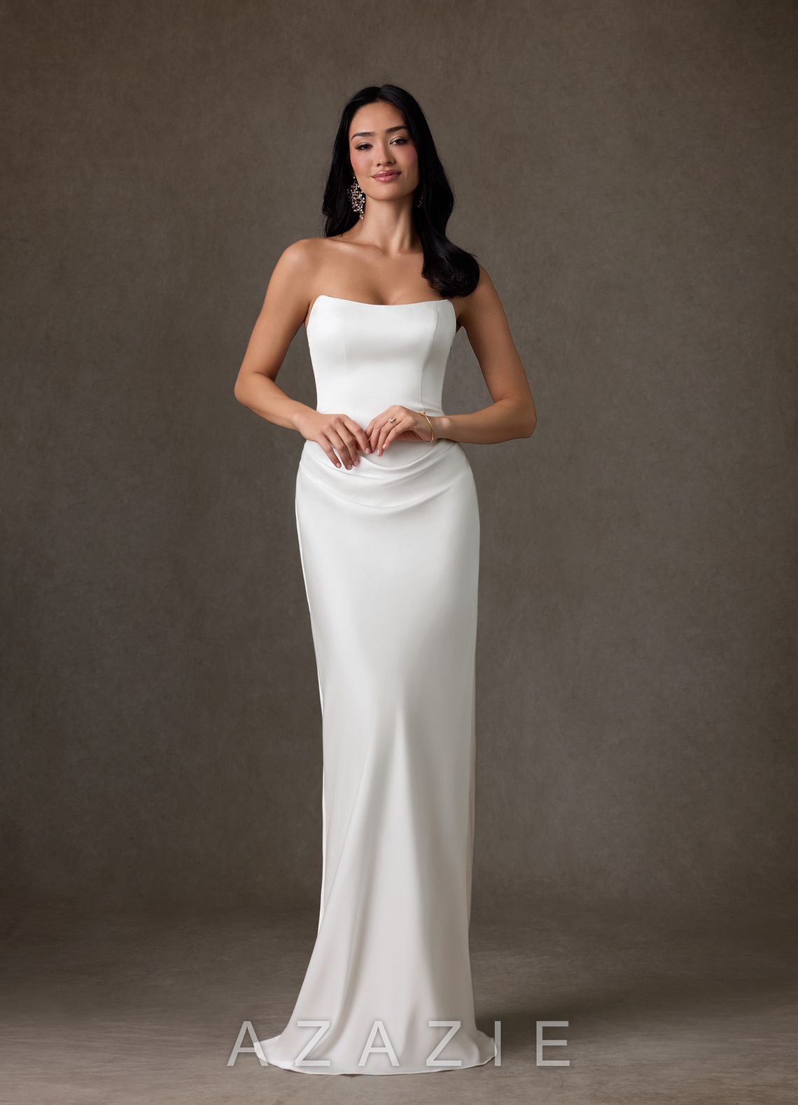 Azazie Samantha Diamond White Sheath Strapless Stretch Satin Dress