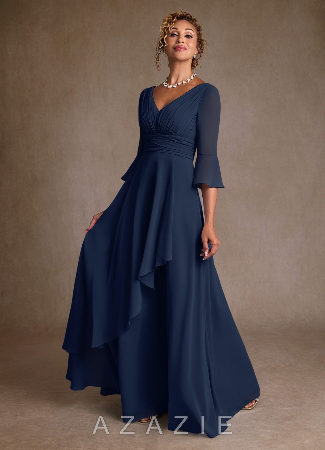 Azazie Eire Dark Navy A-Line Pleated Chiffon Dress dark_navy