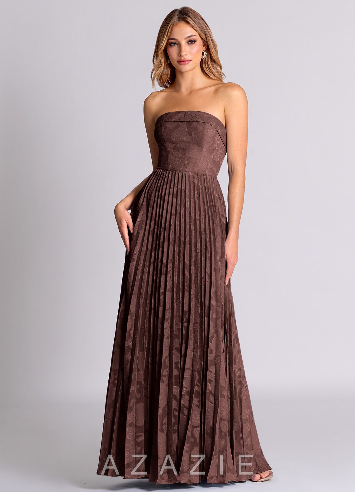 Azazie Mariana Espresso A-Line Strapless Floral Burnout Convertible Dress
