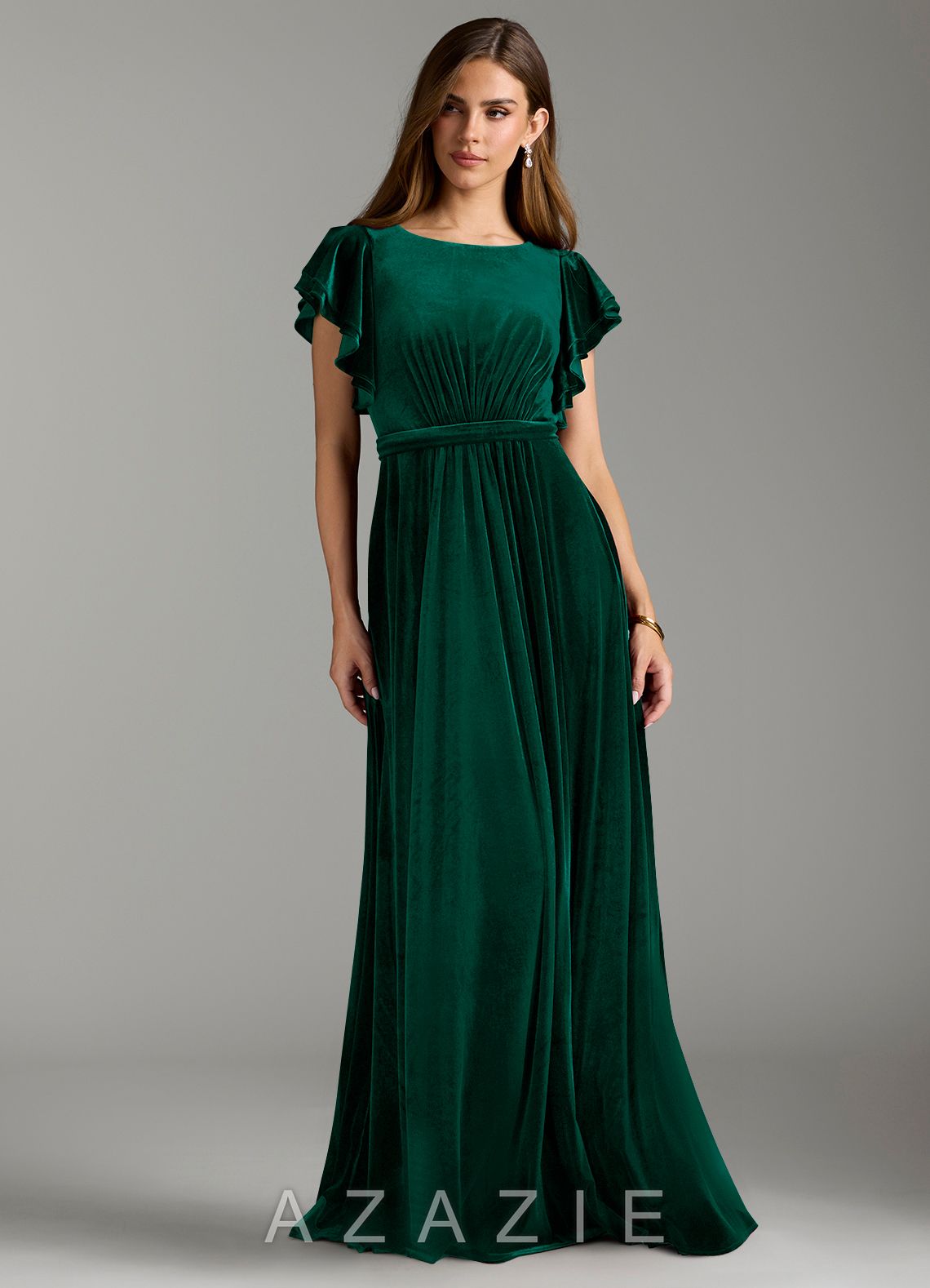 Azazie Daphne A-Line Velvet Floor-Length Dress with Belt emerald