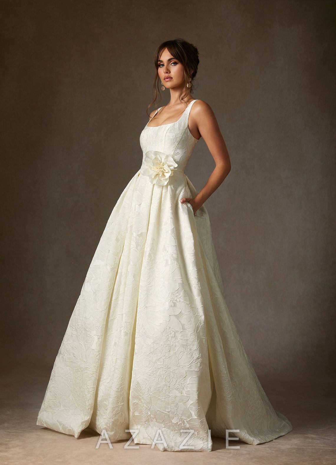 Azazie Ruby Antique White Ball-Gown with Pockets Floral Jacquard Dress