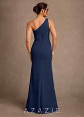 Azazie Floy Dark Navy Sheath One Shoulder Chiffon Dress dark_navy