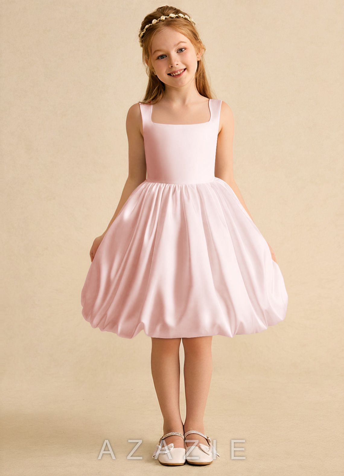 Azazie Nirvana Blushing Pink Ball-Gown Ruched Matte Satin Dress blushing_pink