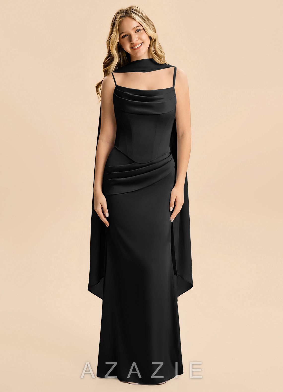 Azazie Sorrel Junior Black Mermaid Ruched Stretch Satin Dress black