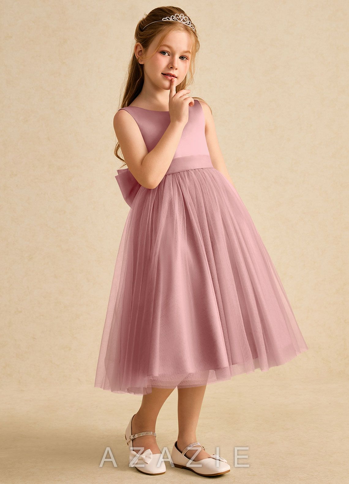Azazie Winnie Dusty Rose Ball-Gown Bow Tulle Dress dusty_rose