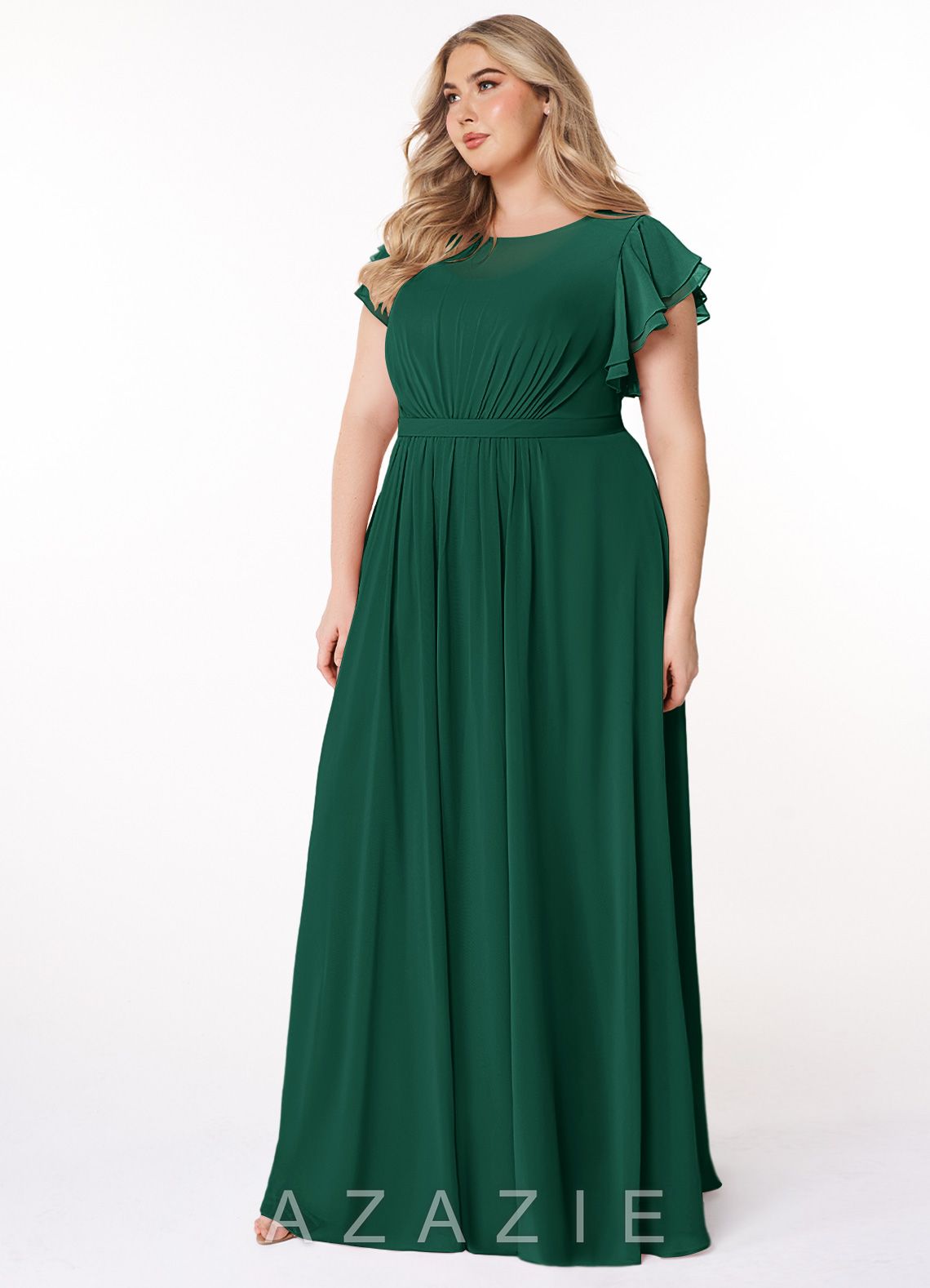 Azazie Daphne A-Line Ruffled Chiffon Floor-Length Dress emerald