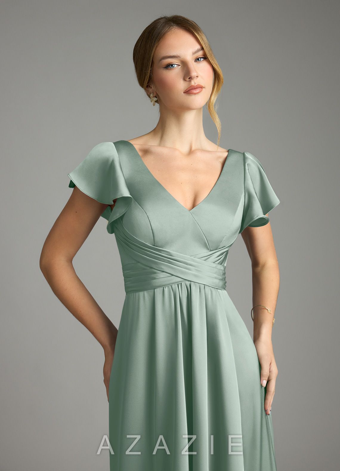 Azazie Omari Agave A-Line Stretch Satin Dress agave
