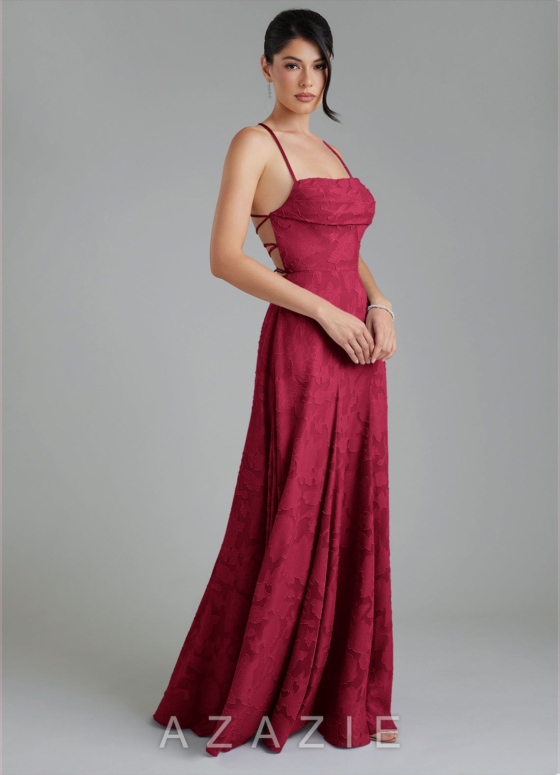 Azazie Tatum Burgundy A-Line Corset Floral Burnout Dress burgundy