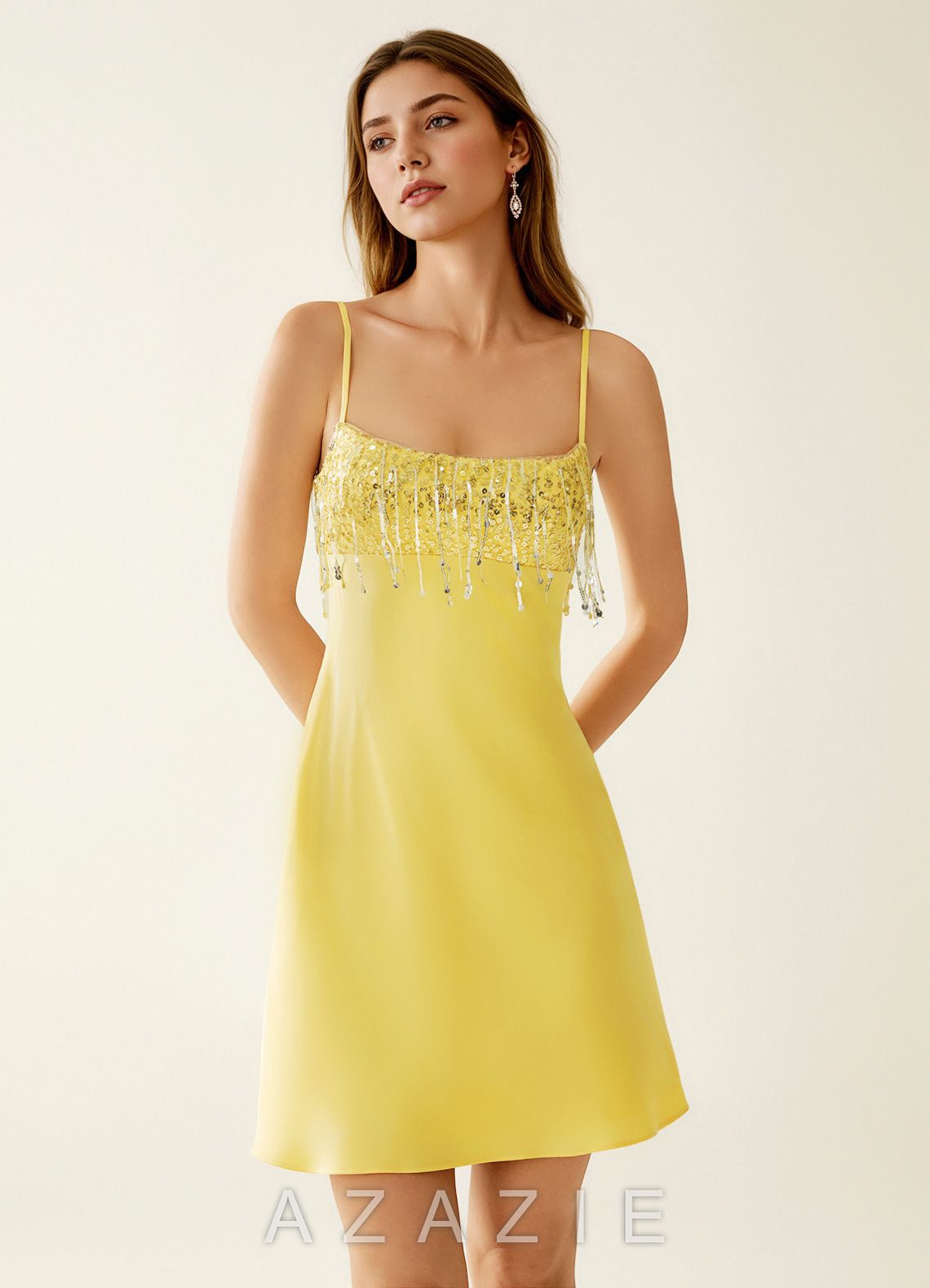 SeJone Light Yellow Sequin Embroidery Satin Mini Dress