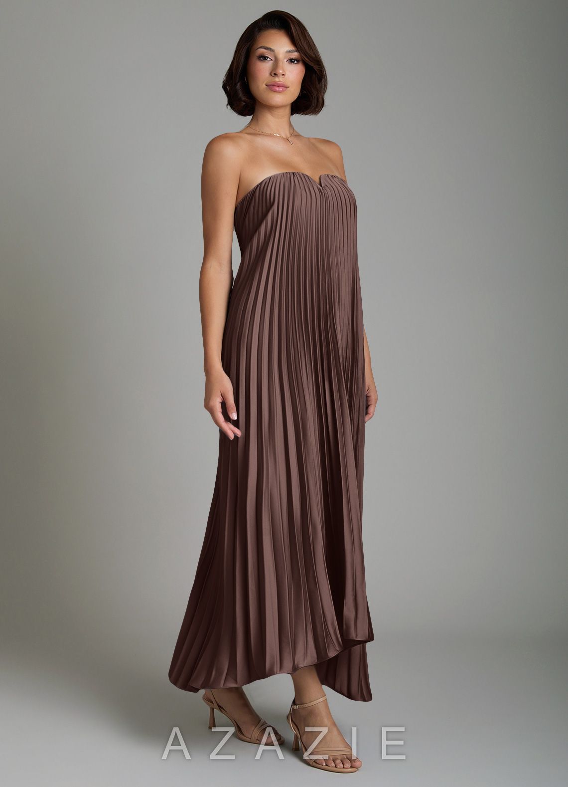 Azazie Rayna Ganache A-Line Strapless Stretch Satin Dress ganache