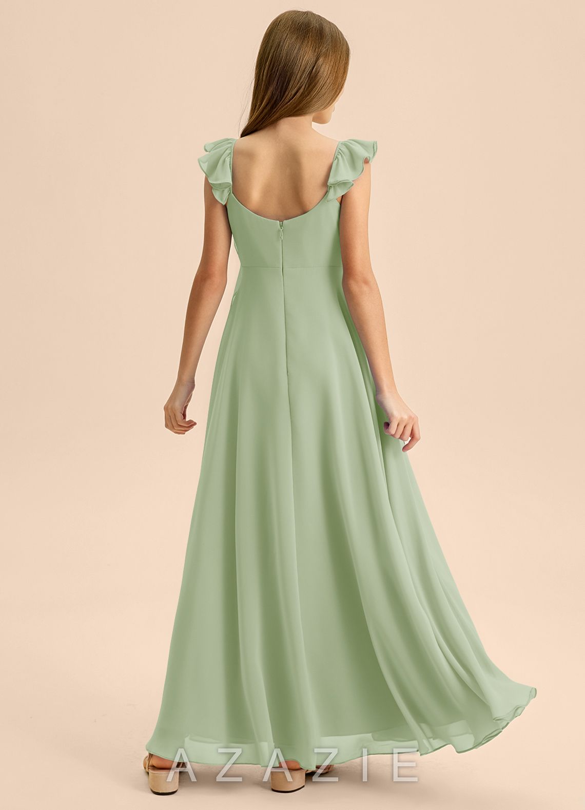 Azazie Carmin Junior Dusty Sage A-Line Ruched Chiffon Dress dusty_sage