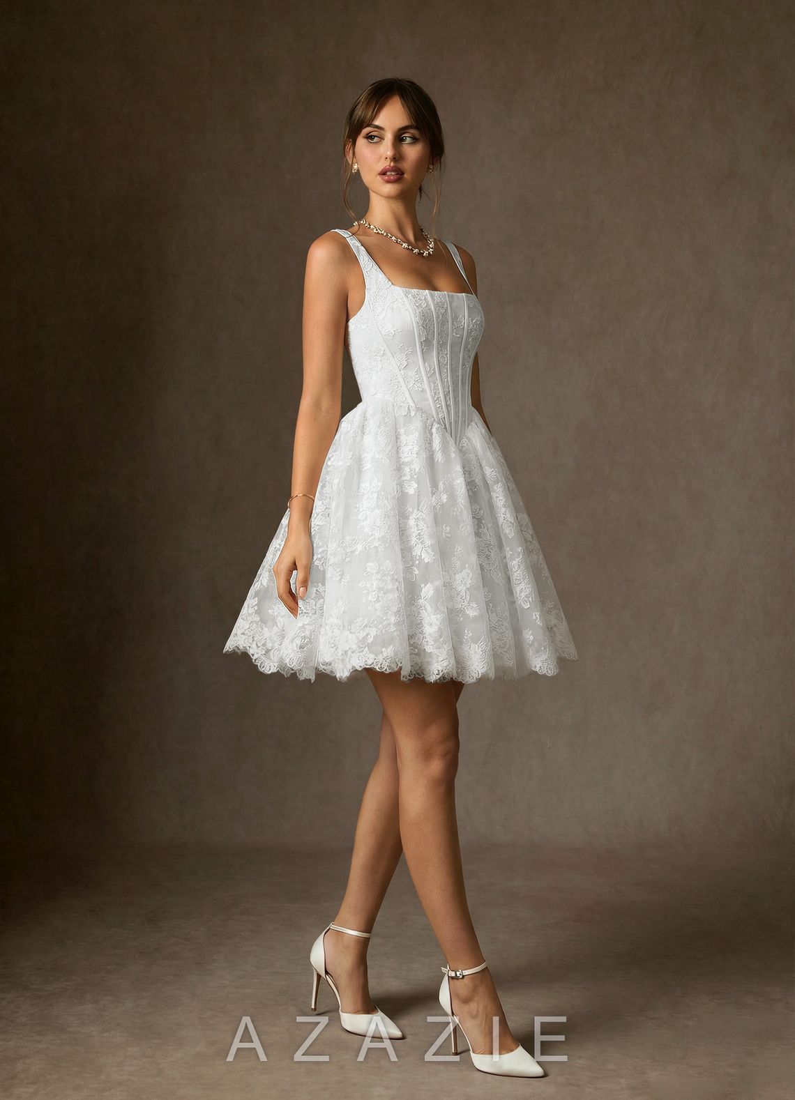 Azazie Nolicia Diamond White Ball-Gown Square Neckline Lace Dress