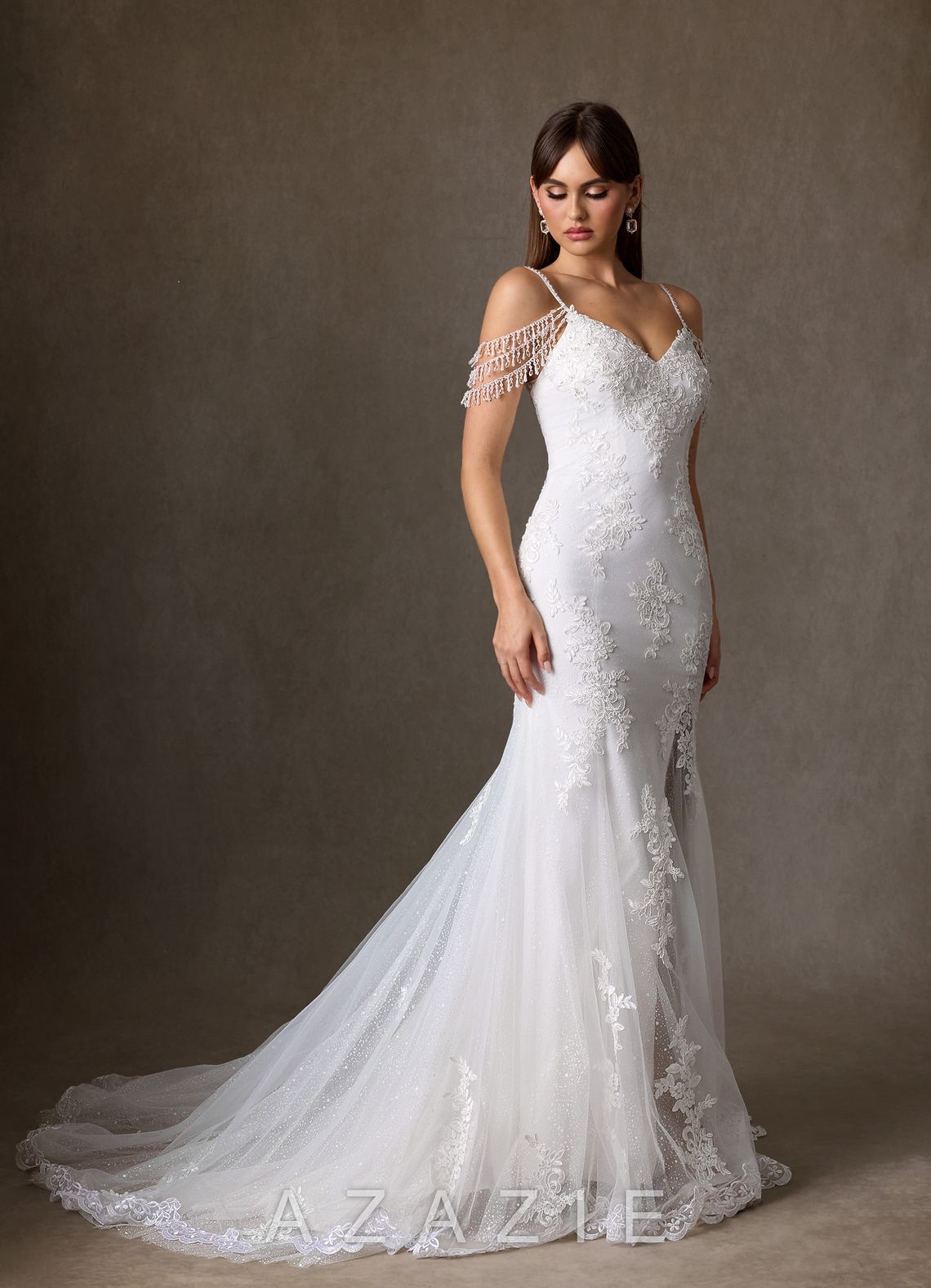 Azazie Saskia Wedding Dress Diamond White Mermaid Sequins Tulle Dress diamond_white