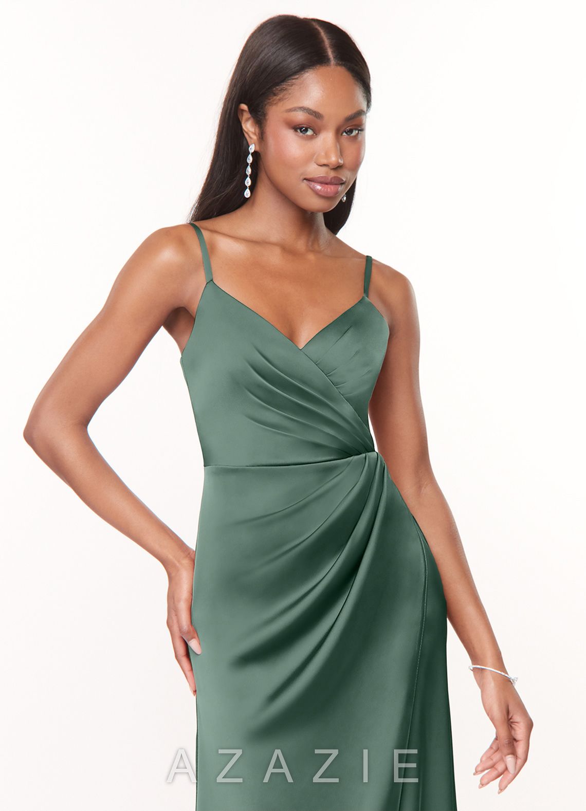 Azazie Maci Eucalyptus A-Line V-Neck Pleated Stretch Satin Dress eucalyptus