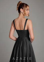 Azazie Azaria Black A-Line Corset Stretch Satin Dress