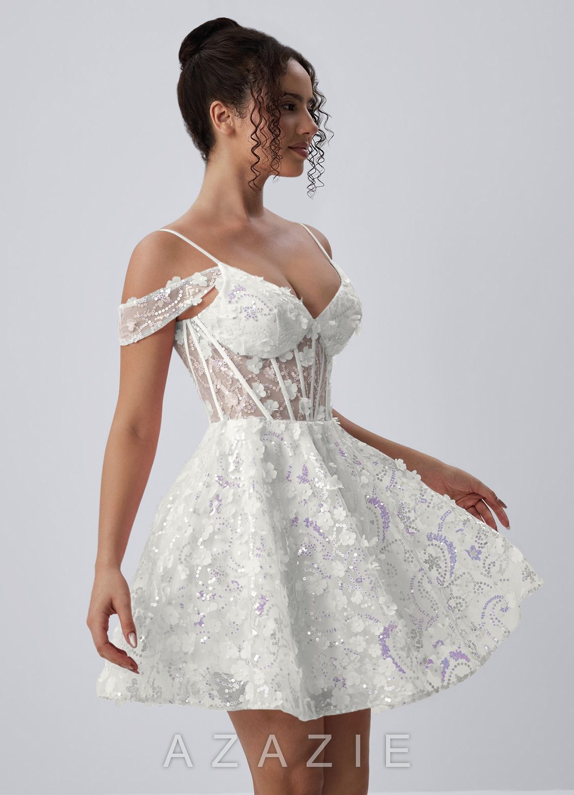 Kaelaniora White Sequin Embroidery 3D Flowers Tulle Corset Mini Dress