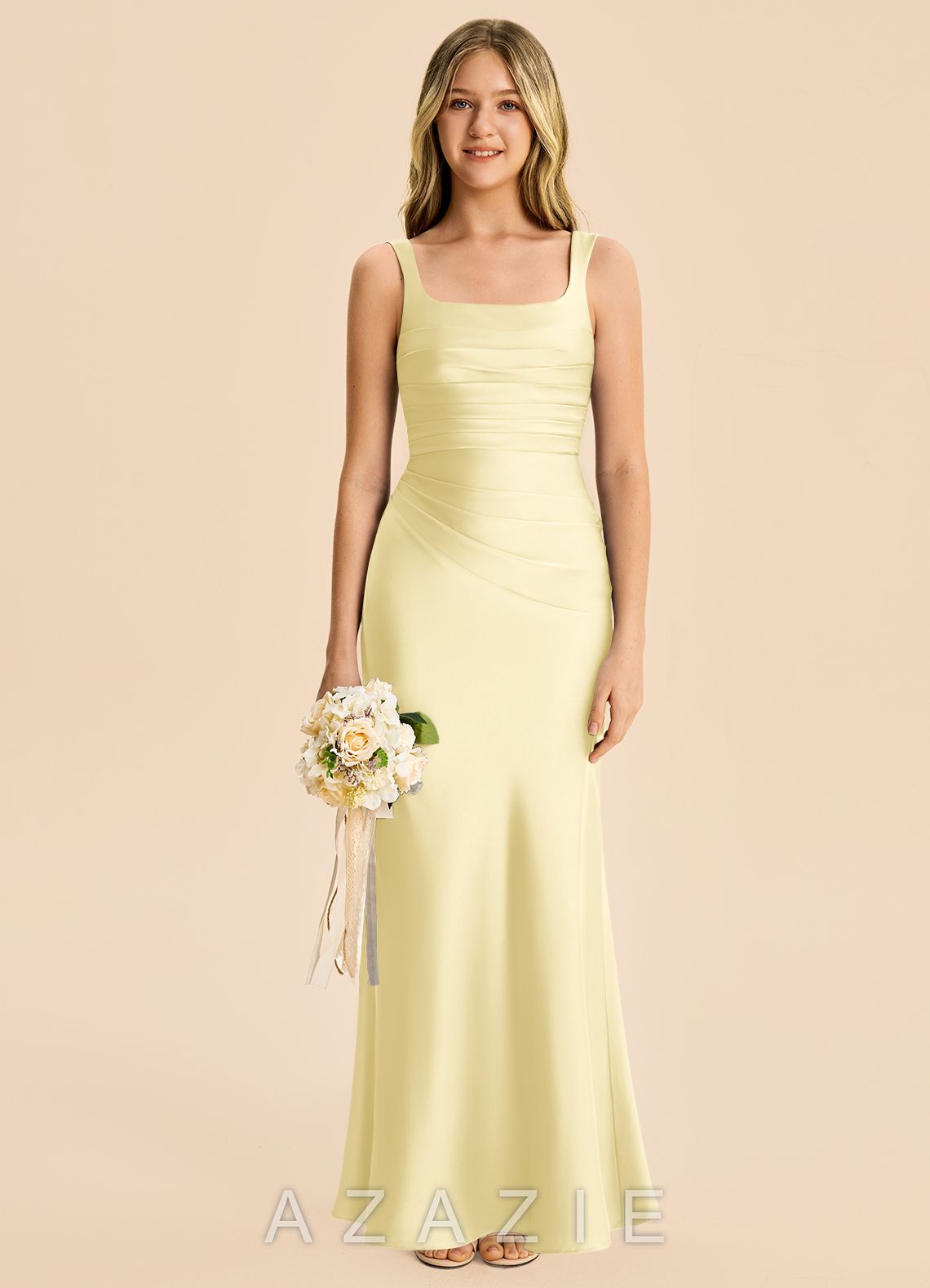 Azazie Agustina Junior Lemon Sorbet Sheath Pleated Stretch Satin Dress lemon_sorbet